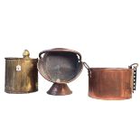 Victorian copper coal scuttle, copper two handled pan, brass coal bucket and knight stand (4).