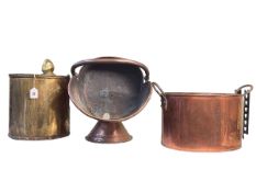 Victorian copper coal scuttle, copper two handled pan, brass coal bucket and knight stand (4).