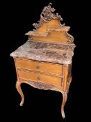 French style gilt and marble topped two drawer chest with shaped back, 114cm by 58cm by 40cm.