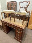 Shoolbred Victorian mahogany nine drawer pedestal desk with gilt tooled leather inset top 81cm by