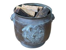 Copper log bucket with lion head handles, 50cm.