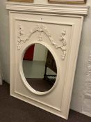 Contemporary painted overmantel with circular inset mirror, 139cm by 107.5cm.