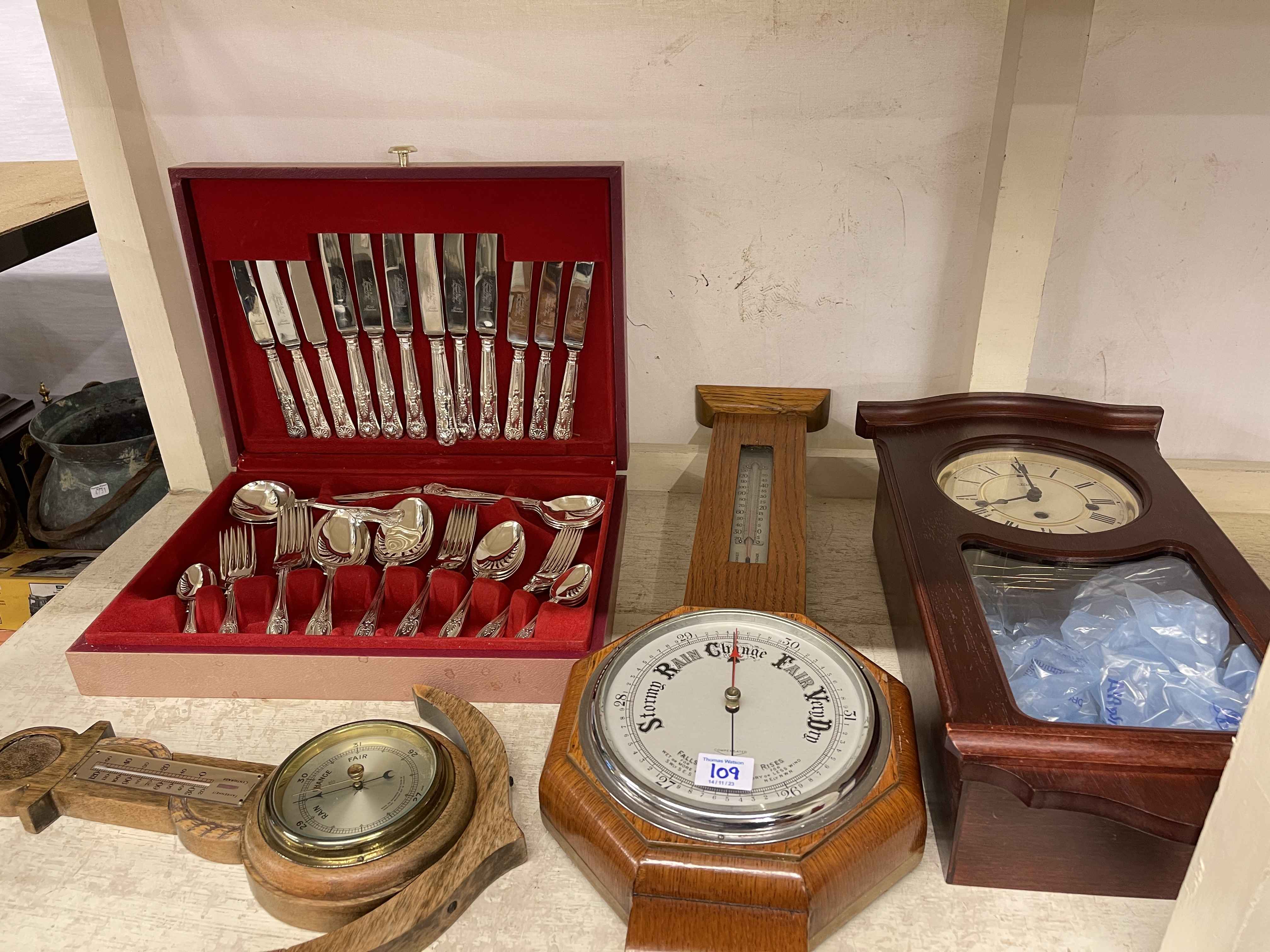 Full shelf of china tea and dinnerware, two toby jugs, glass, metalwares, barometers, wall clock, - Image 4 of 4