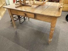 Victorian pine turned leg kitchen table having frieze drawer, 75cm by 116cm by 102cm.