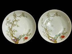 Pair Chinese saucer dishes with blossom decoration, 20cm diameter.