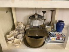 Brass jam pan and brassware, three graduated 'Pomona' studio pottery dishes, Indian Tree tableware,