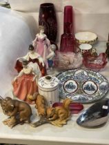 Two Royal Doulton, Royal Worcester and Copenhagen figures, coloured glassware, Methodist plate,