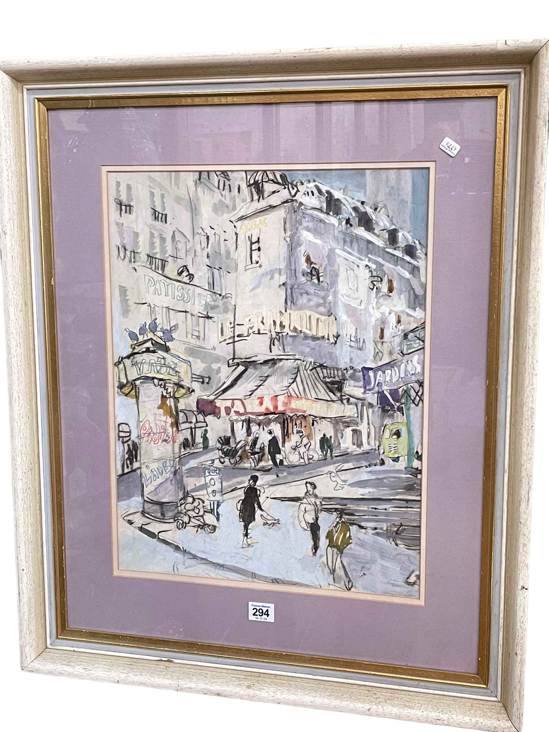 Contemporary mixed media of a French street scene, 47cm by 36cm, in glazed frame.