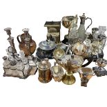 Collection of silver plate including pair of candlesticks, cruet set, trophies, etc,
