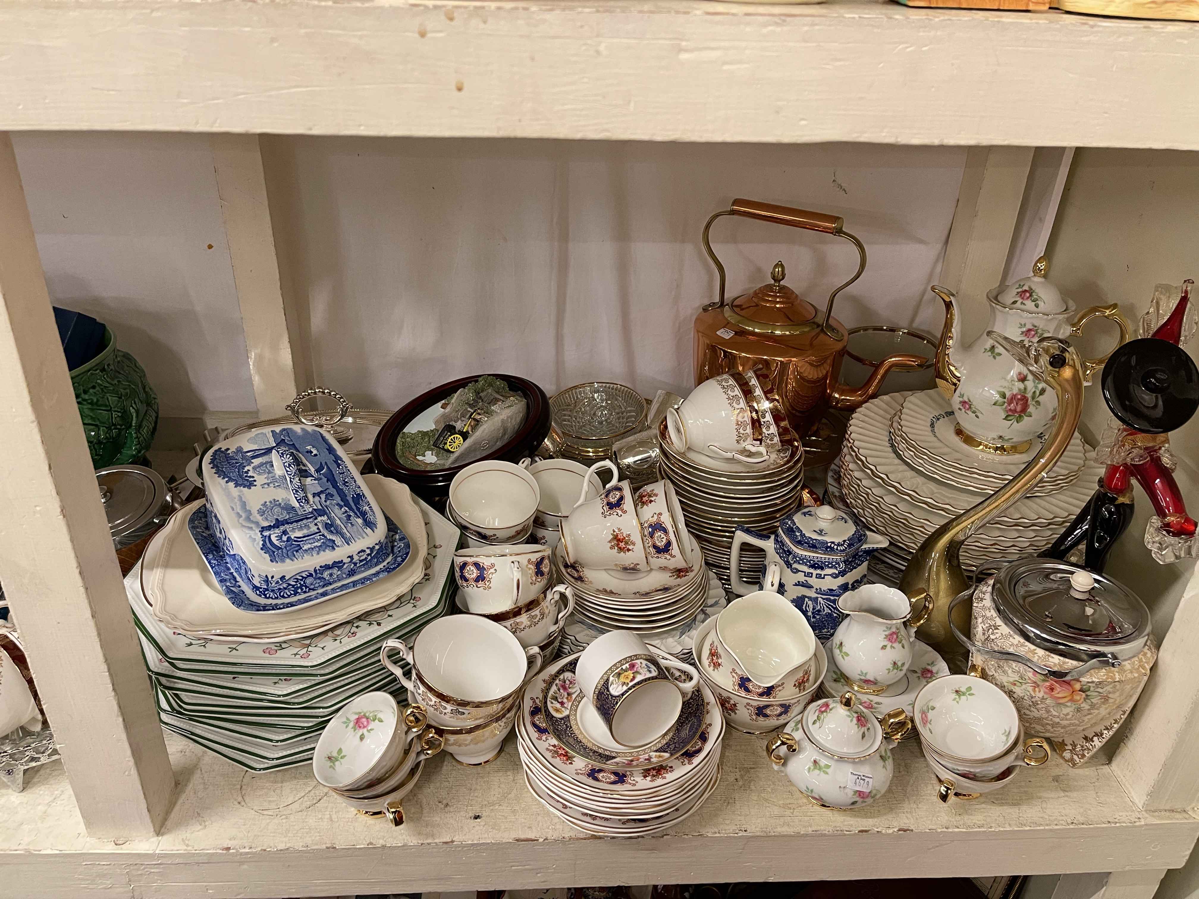 Full shelf of china tea and dinnerware, two toby jugs, glass, metalwares, barometers, wall clock, - Image 3 of 4