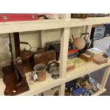 Victorian toilet mirror, copper kettles, fireplace tiles, part wooden chess set, radios, lamp,