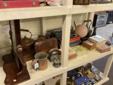 Victorian toilet mirror, copper kettles, fireplace tiles, part wooden chess set, radios, lamp,