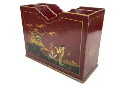 Oriental style red lacquer chinoiserie magazine rack, 24cm.