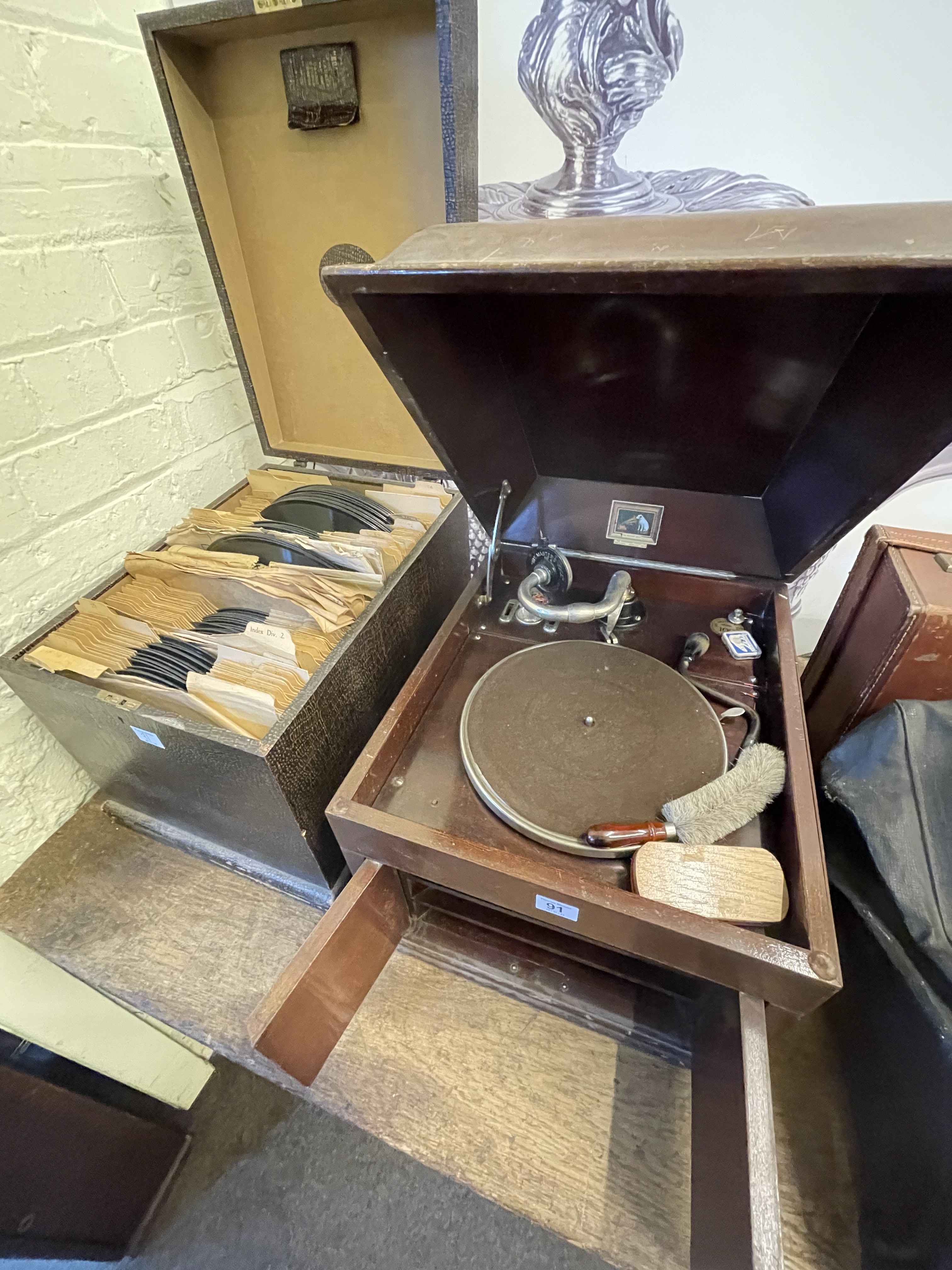HMV table top gramophone and collection of 78 records, vintage case and LC Smith typewriter. - Image 2 of 2