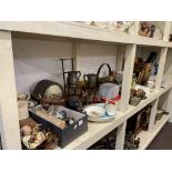 Full shelf of china, metalware, brass jam pan, camera equipment, mantel clock, etc.