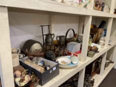 Full shelf of china, metalware, brass jam pan, camera equipment, mantel clock, etc.