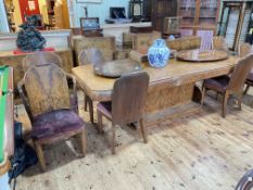 Art Deco burr walnut twelve piece dining suite comprising two door sideboard, two door cabinet,