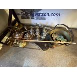 Brass jam pan, two copper kettles, two brass and copper warming pans, shooting stick,