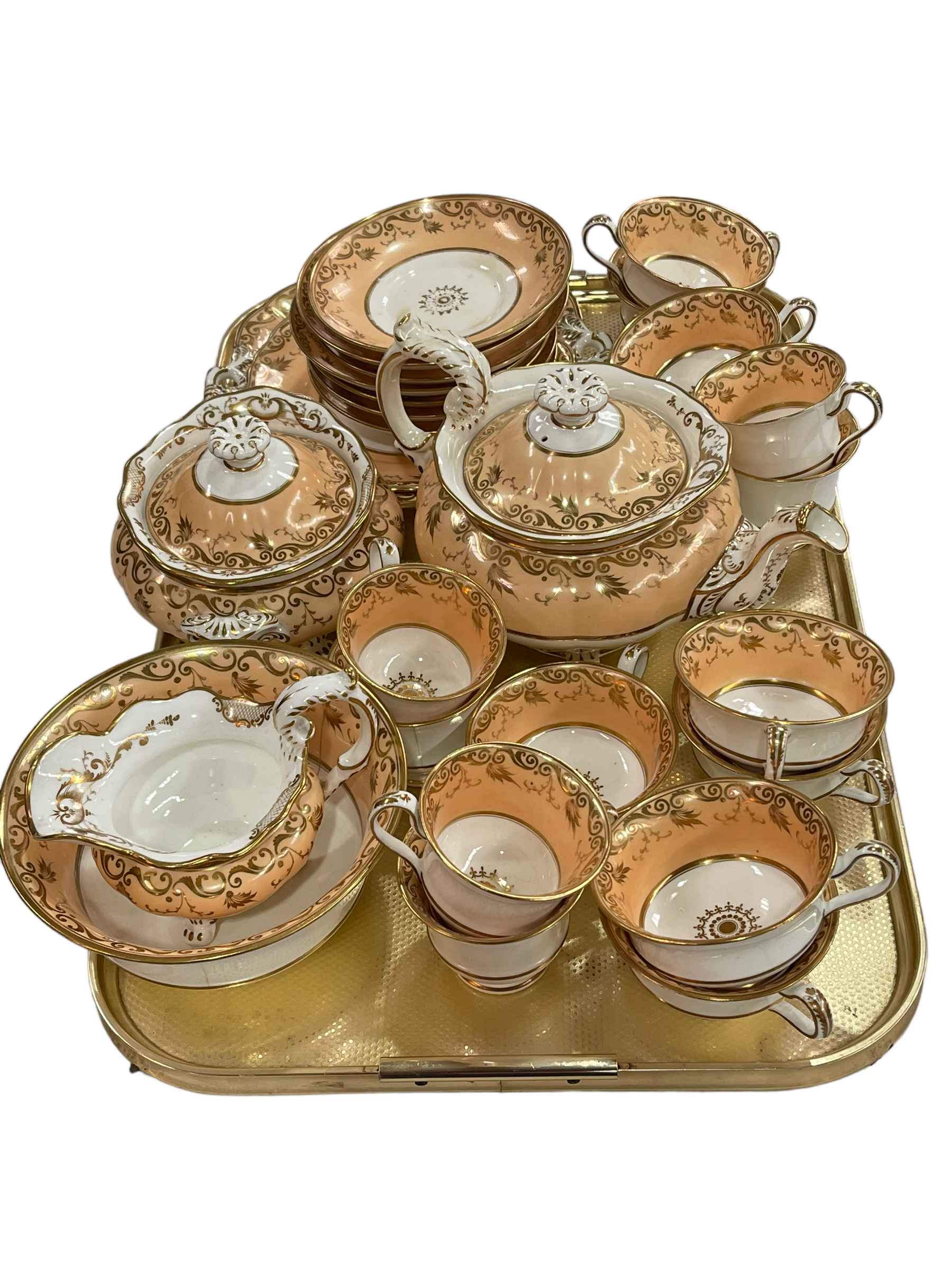 Victorian China Rockingham style tea set, 28 pieces including teapot.