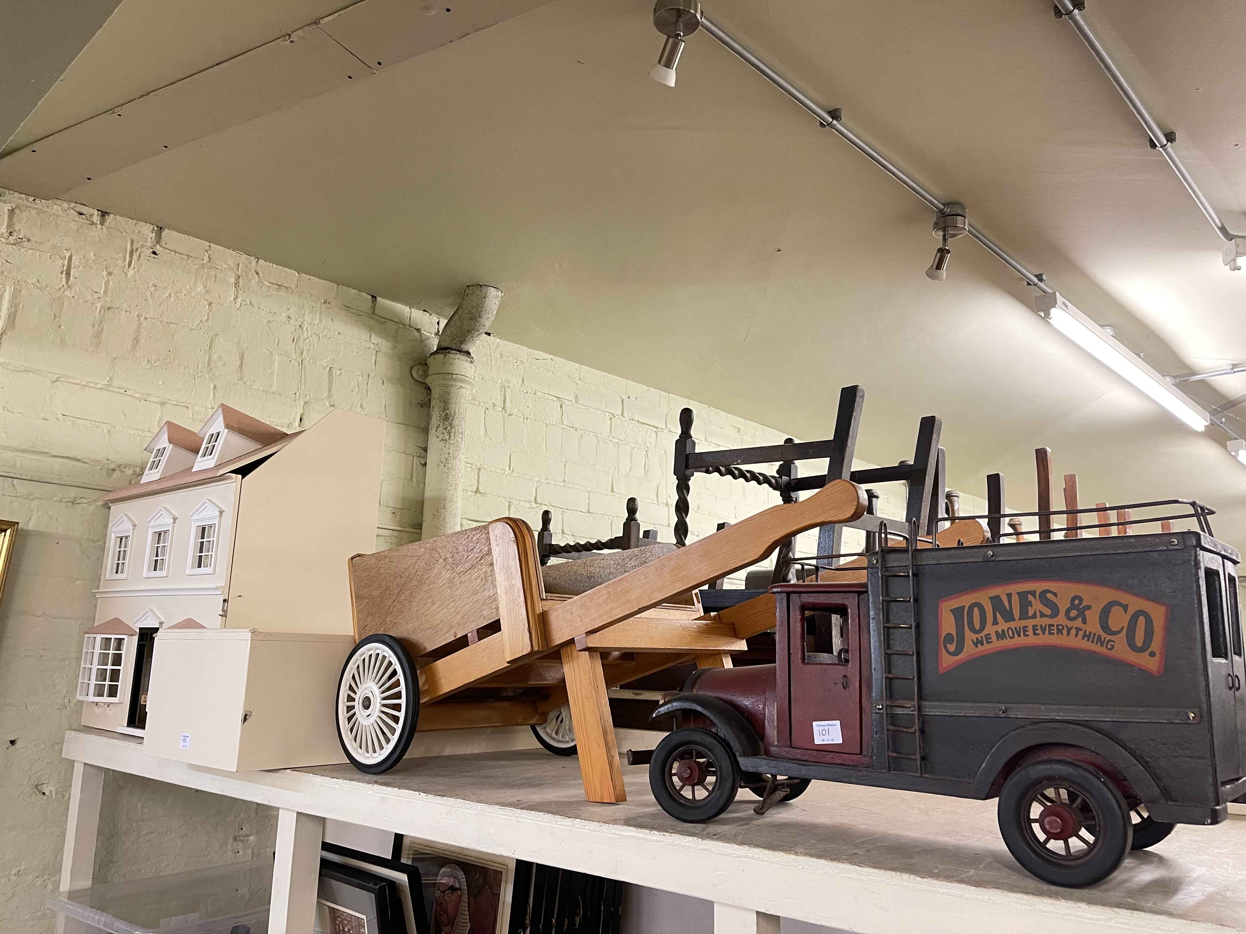 Dolls house, child's barrow, wood model of van, Sallon caricature and other prints,