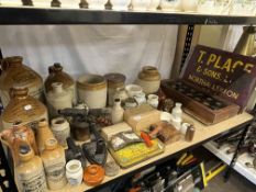 Collection of stone bottles and jars, enamel signs, bell pull, signal box, flat irons, etc.