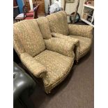 Pair early 20th Century ladies and gents chairs in classical floral pattern fabric.