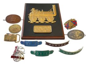 Box with railway memorabilia inc enamel badges, plaques, etc.