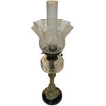 Victorian oil lamp with brass column and etched shade, 67cm.