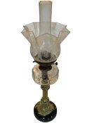 Victorian oil lamp with brass column and etched shade, 67cm.