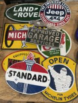 Eight various motoring interest signs including Land Rover, Jeep, Michelin, etc.