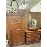 Victorian four drawer chest, oak hall wardrobe and two 19th Century toilet mirrors (4).