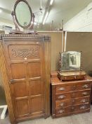 Victorian four drawer chest, oak hall wardrobe and two 19th Century toilet mirrors (4).