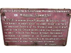 Large cast iron rectangular shaped 'South Eastern and Chatham Railway Co' bridge sign, 46cm by 76cm.