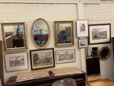 Collection of ten various pictures and mirrors, including Eric Thompson river scene.