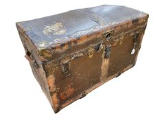 Vintage canvas, leather and brass bound dome topped travelling trunk, 54cm by 87cm by 49cm.