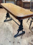 Cast base rectangular pub table, 79cm by 145cm by 53cm.