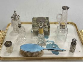 Tray lot with silver topped heavy inkwell and other bottles, blue enamel hair brush, scent bottle,