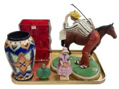 Beswick horse, Capo di Monte golfer, Crown Devon vase, Royal Doulton Greta figure,