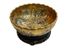 Japanese Satsuma bowl decorated with dragon and figures on gilt ground with wood stand and box,