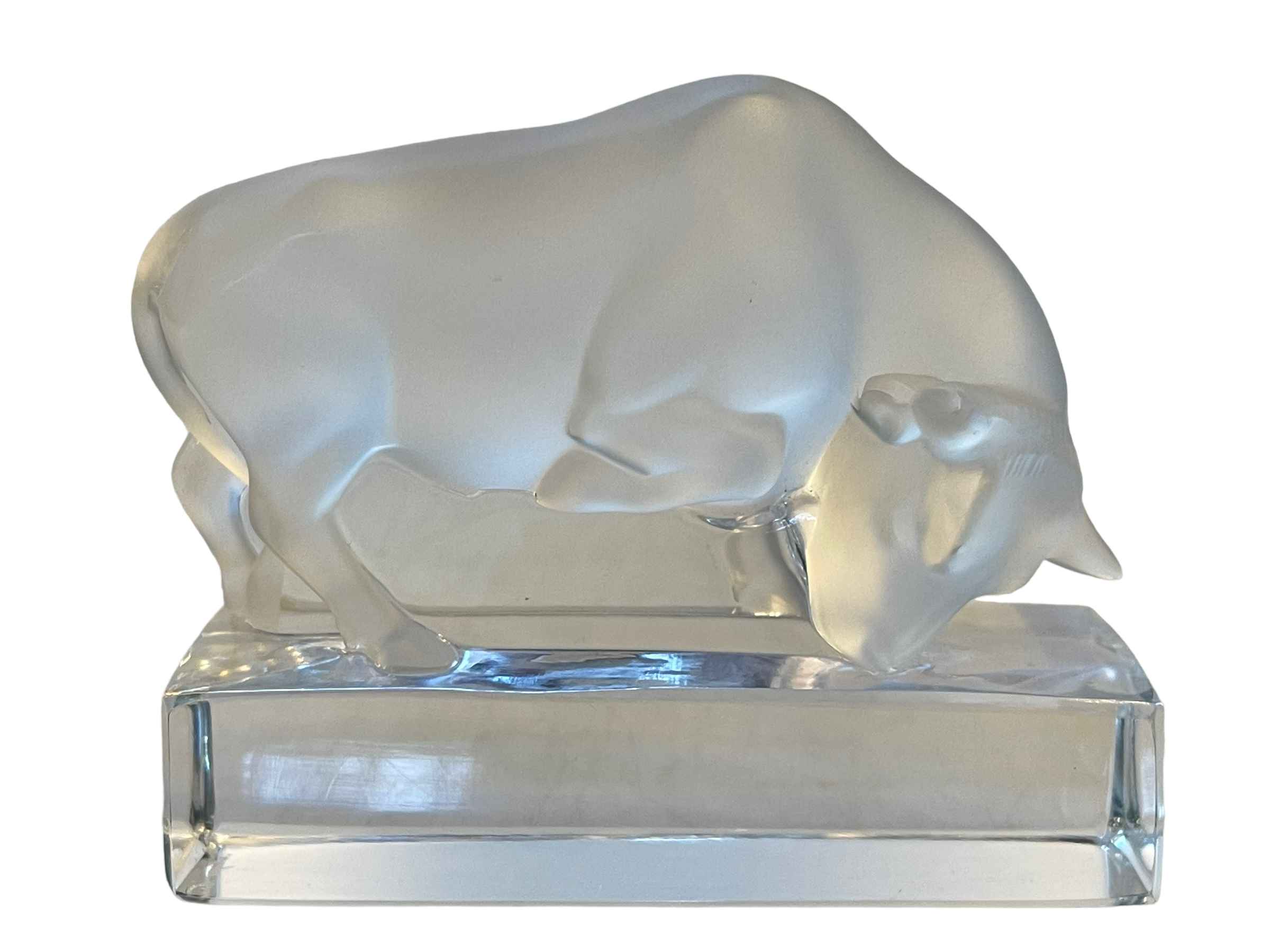 Lalique bull, etched signature, 11cm length.