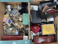 Two boxes of costume jewellery, etc.