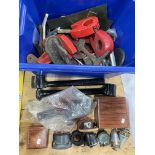 Railway interest speed dial, 30 hour luminous mark V watch, wood clamps, cast metal plates,