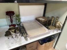 Collection of brass including horsebrasses, Mary Gregory vase and table lustre, 78rpm records,