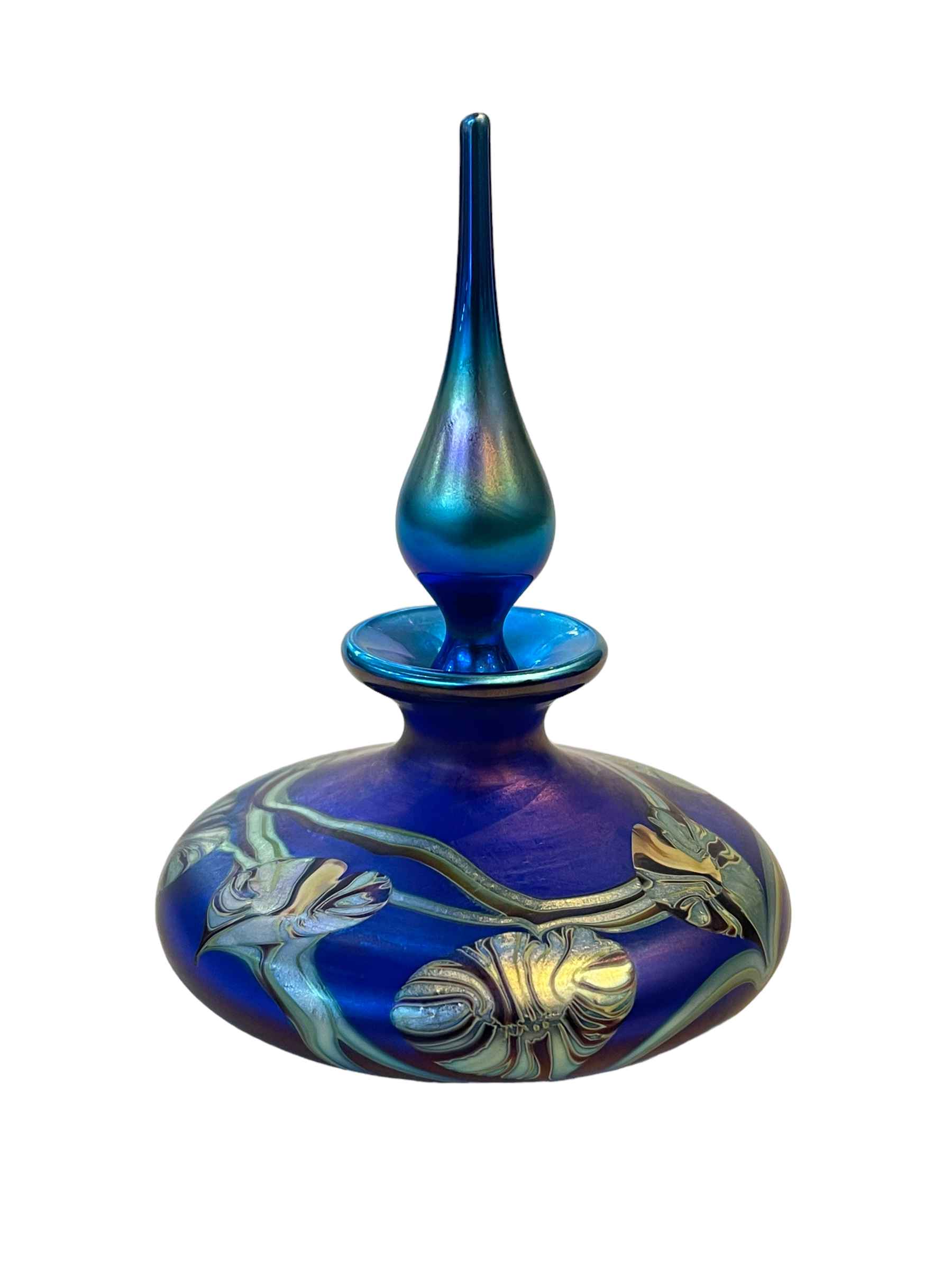 Okra limited edition iridescent scent bottle, signed by artist Richard Golding, 13.5cm.