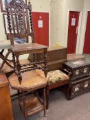 Victorian carved oak side chair, octagonal table, piano stool and two floral painted trunks (5).