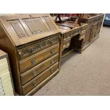 Oak linen fold panel four drawer bureau, similar five drawer side table and three door dresser (3).