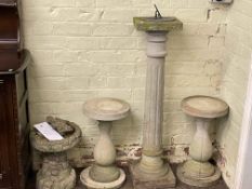 Pedestal sundial, pair circular garden pedestals and weathered bird bath, sundial 121cm tall (4).