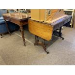 19th century mahogany two drawer sofa table raised on four turned pillars to splayed feet and 19th