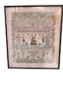 Framed sampler 'Ann Mitchell Her Work Finished March 1792', with alphabet, trees and animals,