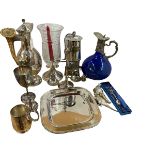Silver plated horn handled claret jug, blue glass claret jug and other silver plate,